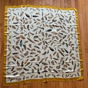 100% Silk hand-rolled Feather Print Scarf with Gold Border